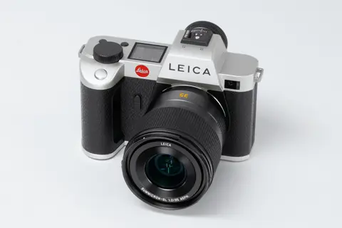 Leica SL2 on white background, photographed from front top