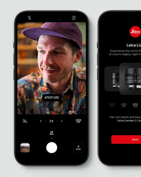 An iPhone displaying a preview of the Leica Lux app on its screen