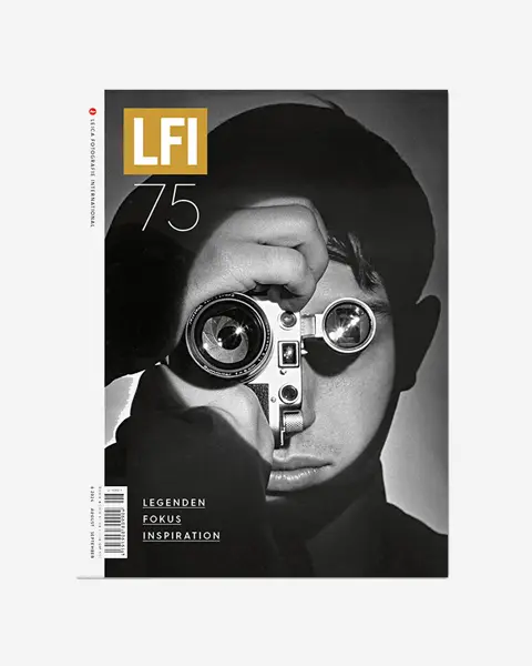 Two LFI magazine covers from different years: on the left a man with a camera from 2024, on the right a woman on the beach from 1949.