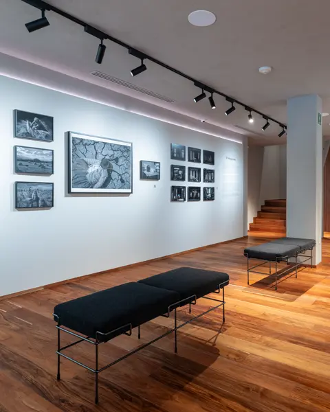 Gallery with black and white photographs of farming, wooden floor, benches and a wooden staircase in the background.