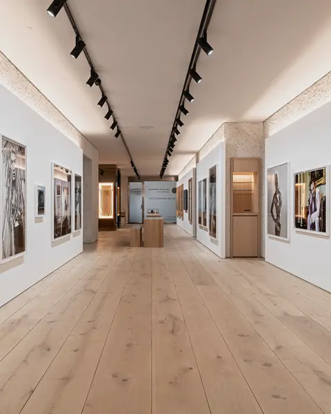 Bright hallway with wooden floor and portraits of various people on the walls.