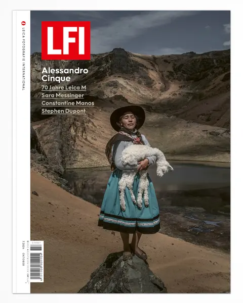 Two LFI magazine covers: on the left, an indigenous woman holding a baby alpaca in front of a lake and mountains from 2024; on the right, a woman on the beach from 1949.