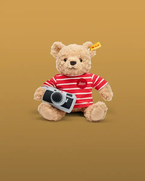 Steiff cuddle bear with red shirt on and a camera in the right paw.