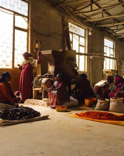 Work carried out by women at a managed spice mill in Ethiopia