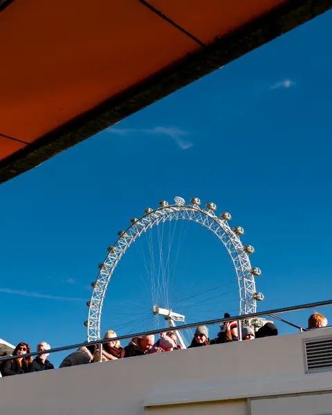 A boat trip on the River Thames in London, with the Ferris wheel visible in the background