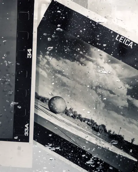 Black-and-white film negatives covered with water droplets.