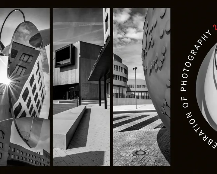 Four-part black and white image of a building, mirror image of a building and part of a stone globe.