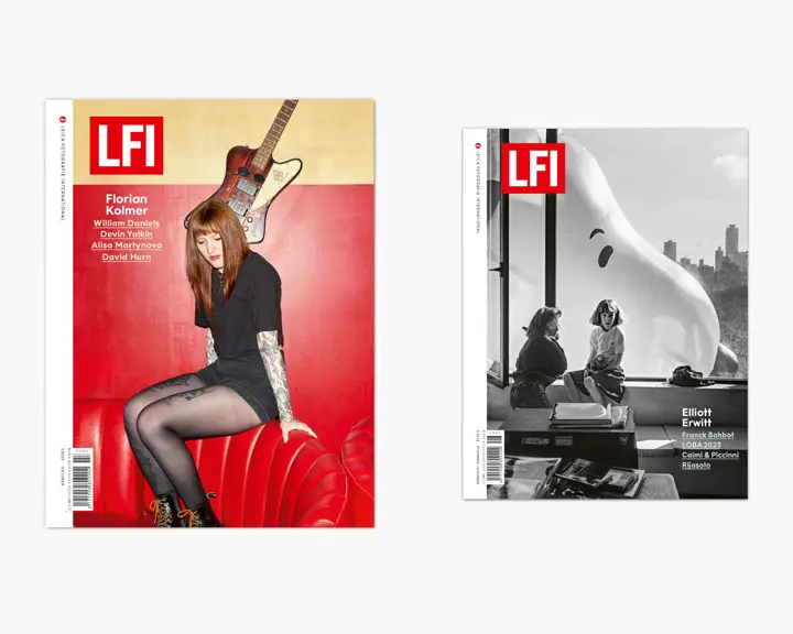 Two LFI magazine covers: left with a woman on a red sofa, right with two children in front of a window with a huge balloon flying by.