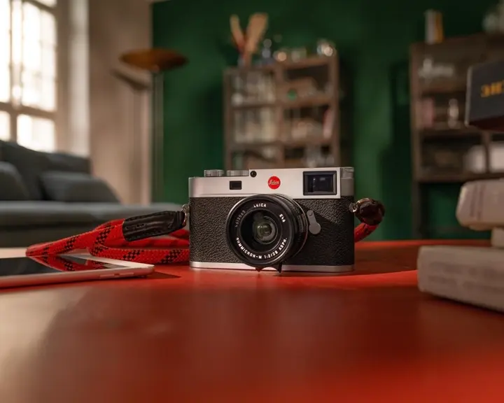 Leica camera with red strap on a table, blurred background with sofa and bookshelves.