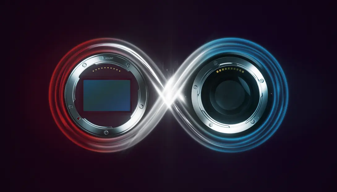 two lenses and an infinity symbol around it
