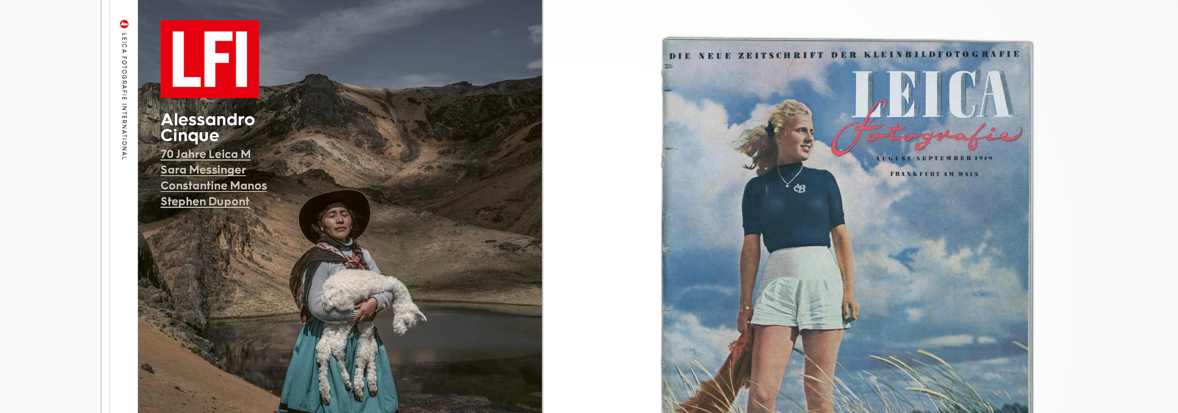 Two LFI magazine covers: on the left, an indigenous woman holding a baby alpaca in front of a lake and mountains from 2024; on the right, a woman on the beach from 1949.