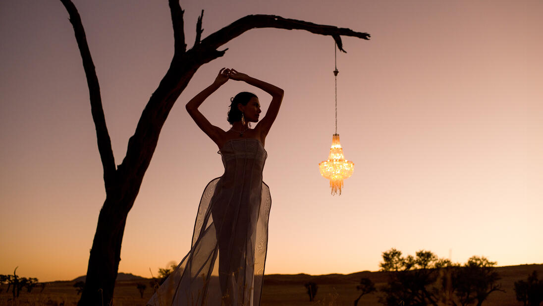 Woman posing under a tree at sunset next to a hanging lantern.