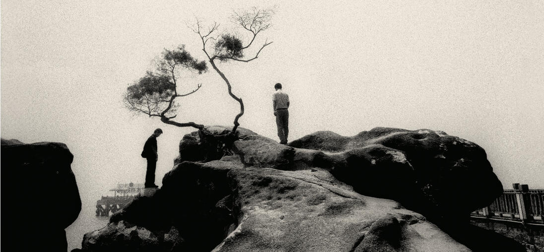 Two people are standing on large rocks next to a bare tree