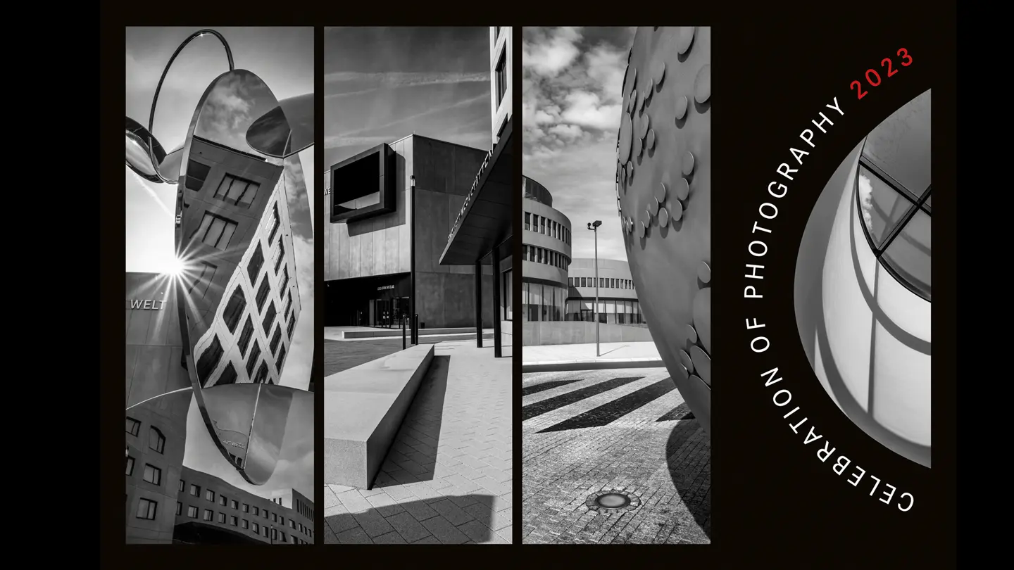 Four-part black and white image of a building, mirror image of a building and part of a stone globe.