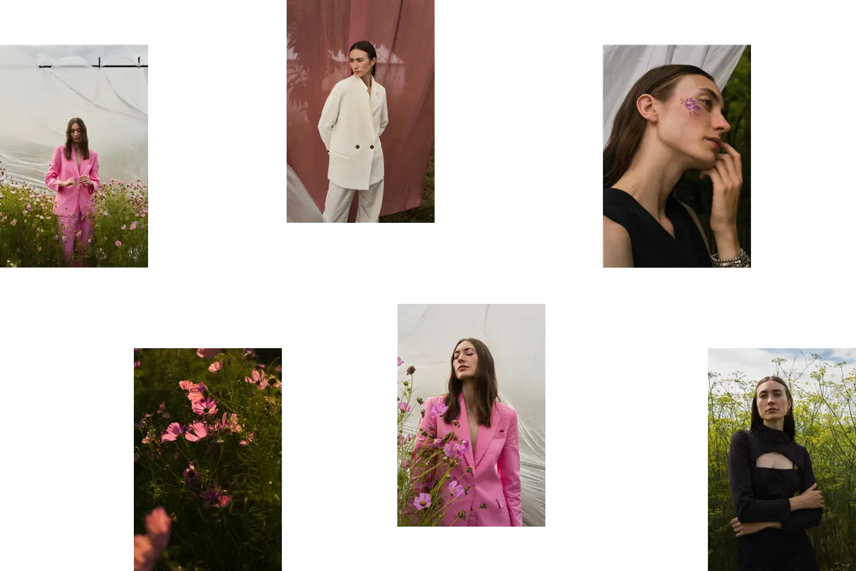 Verschiedene Bilder von einer Frau in einer Blumenwiese.