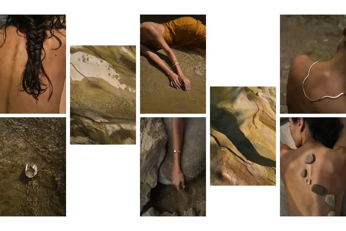 Verschiedene Bilder von einer Frau auf sandigem Gestein.