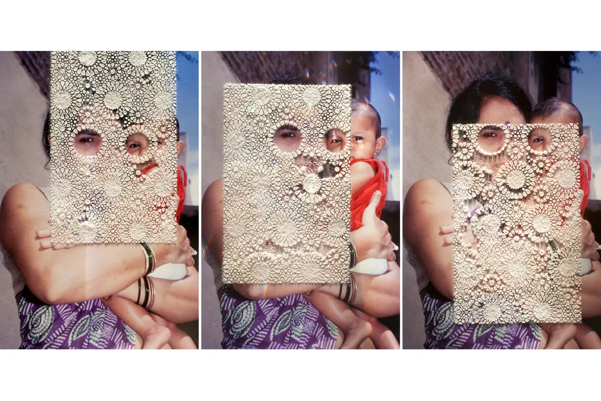 Folk hand-painted Indian studio portraits Woman holding a baby in her arms