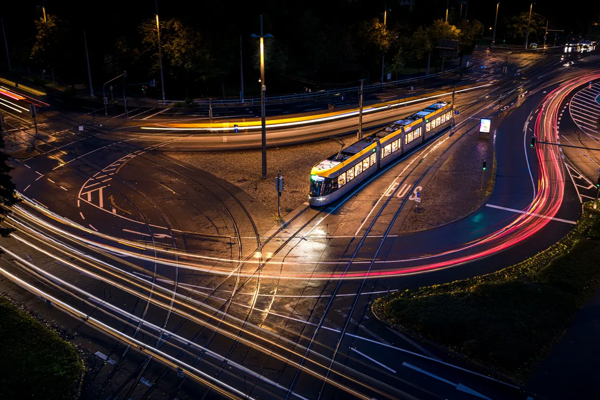 Tram and lights at night