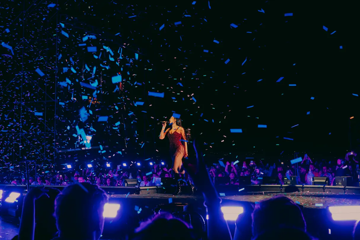 Dua Lipa on stage at the sunny hill festival