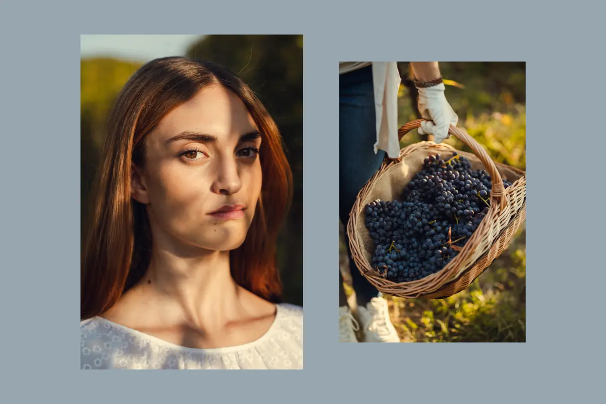 two images on a blue background with a portrait of a woman and a basket of grapes