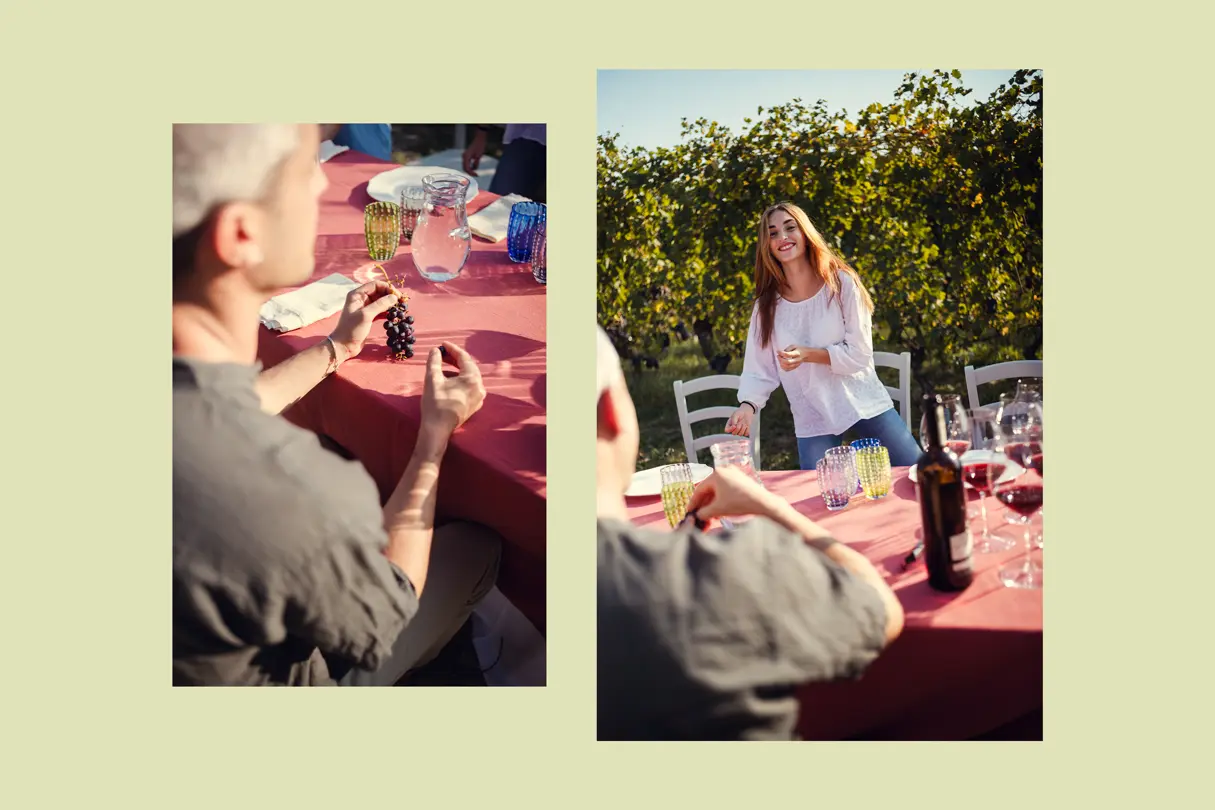 2 images on a green background Family in the vineyards at a large table set for dinner