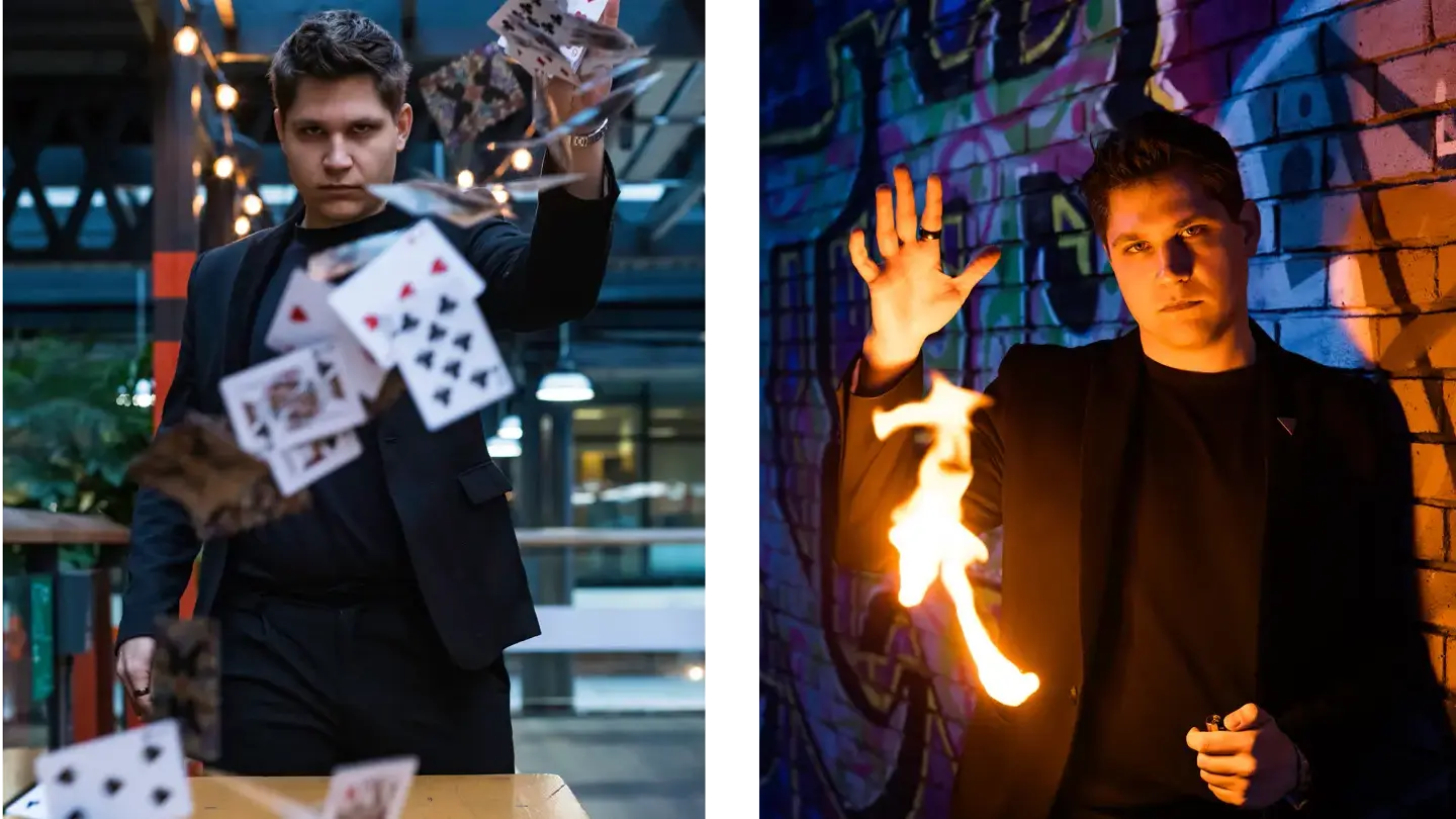 Colour portraits of a magician showing off tricks