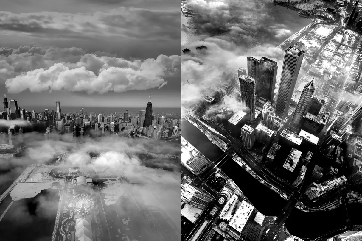Black-and-white aerial photographs of a city’s skyscrapers