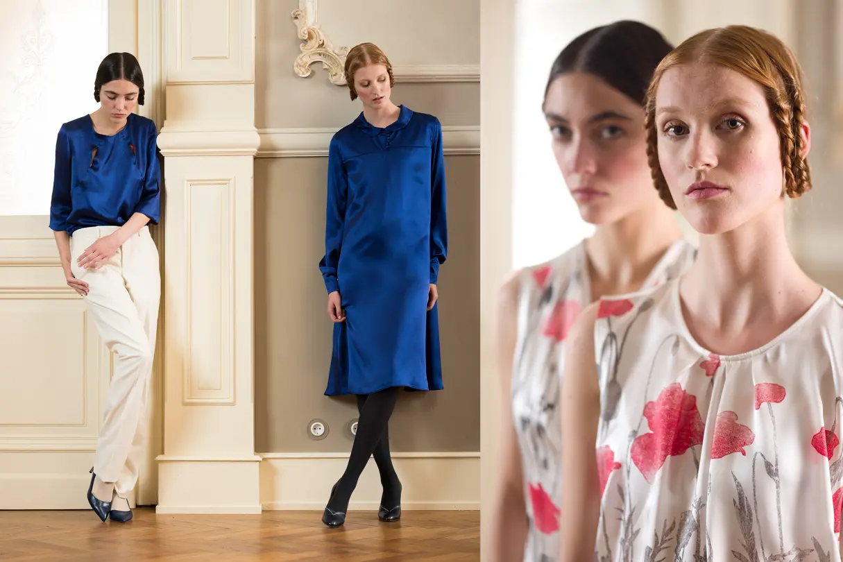 Two photos of two models, one wearing blue dresses and one wearing floral dresses