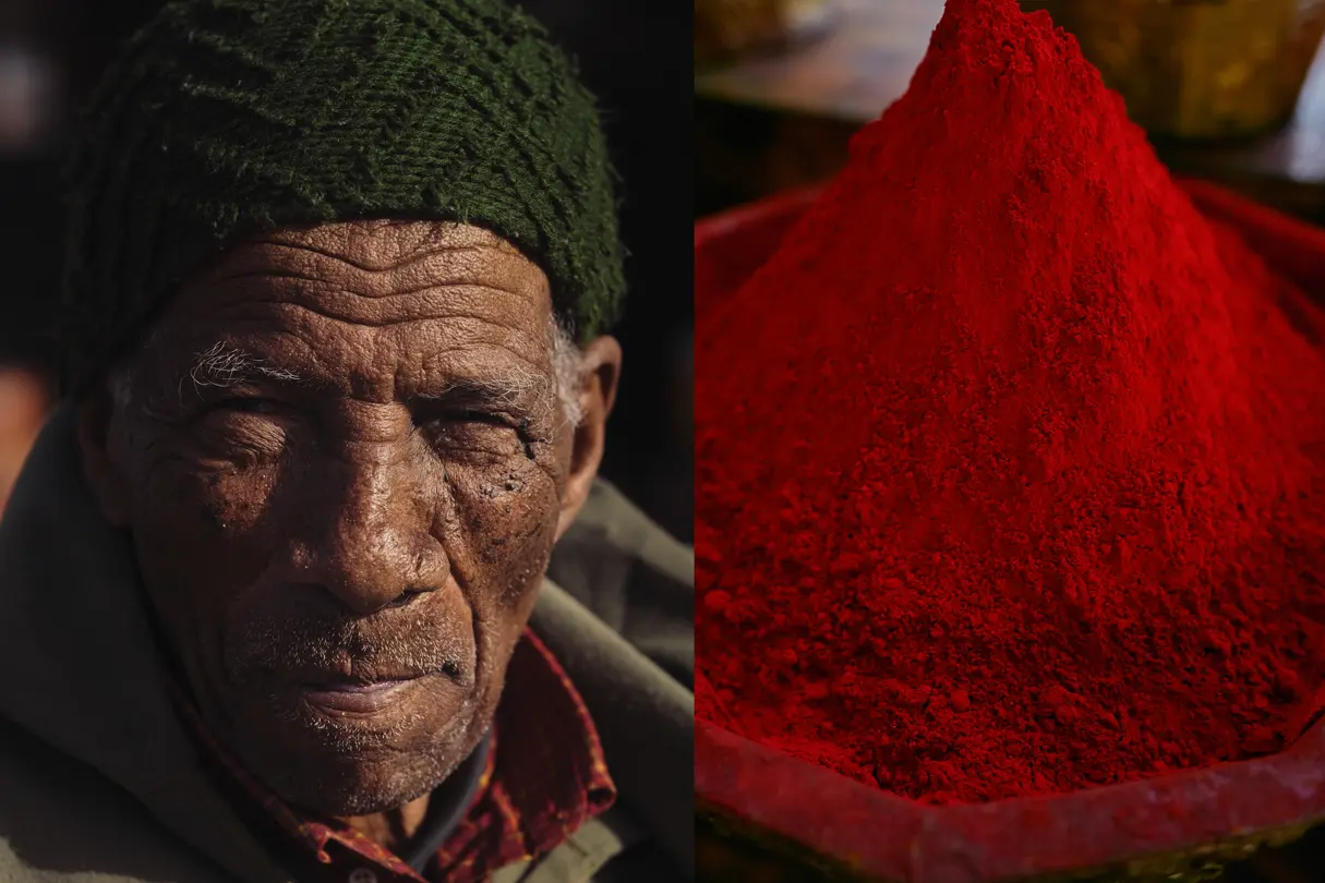 Collage of two images: Portrait of an old man and a pile of red spice