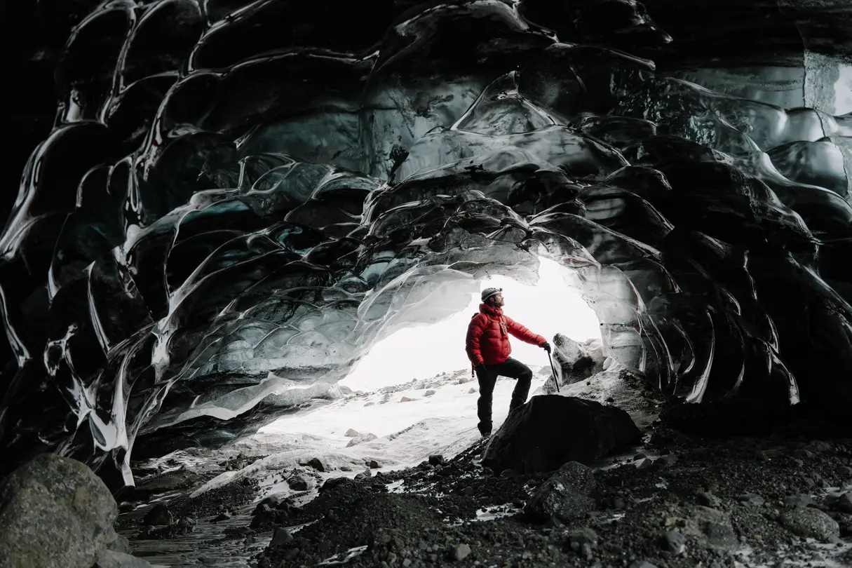 A climber on a frozen glacier