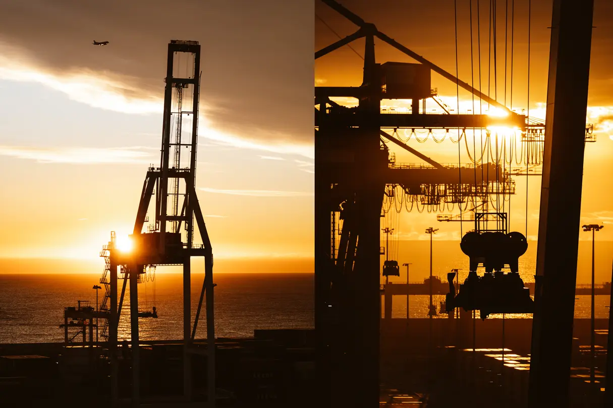 A large container crane at sunset in the harbour