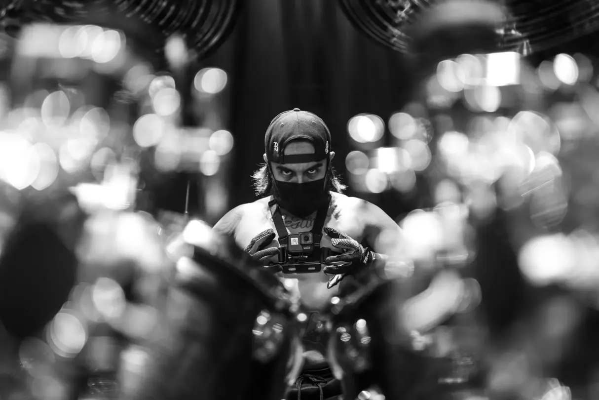 shiny material portrait b&w