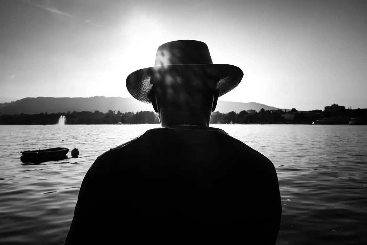 man with hat b&w