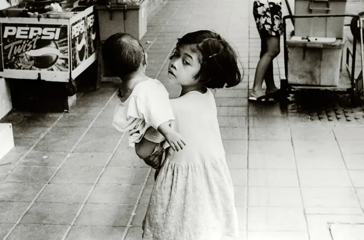 little girl in a dress b&w