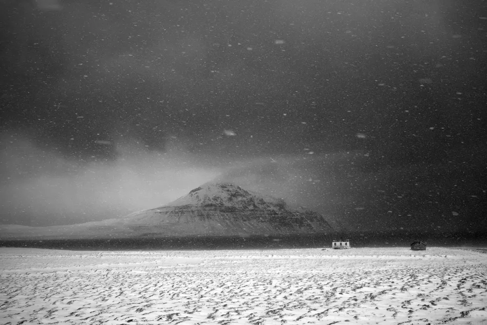 snowy landscape with mountain b&w