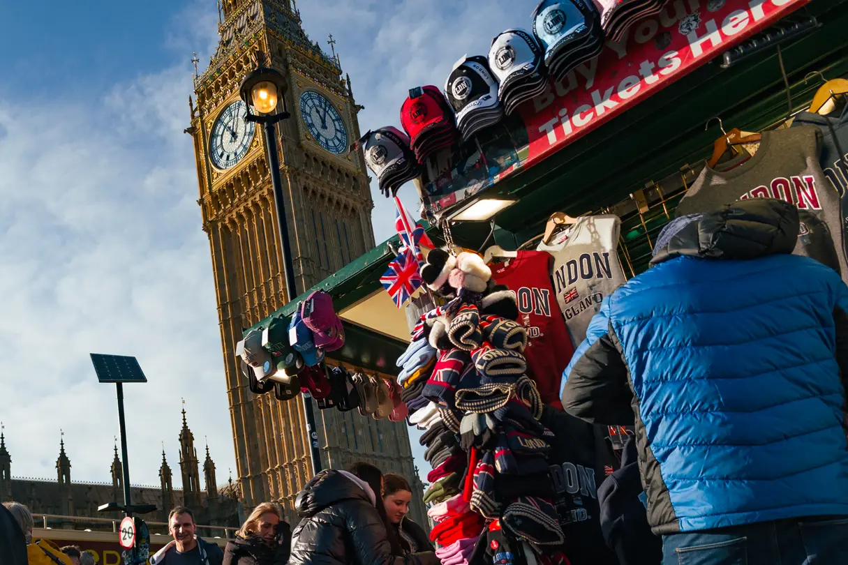 A London souvenir shop, with Big Ben visible in the background