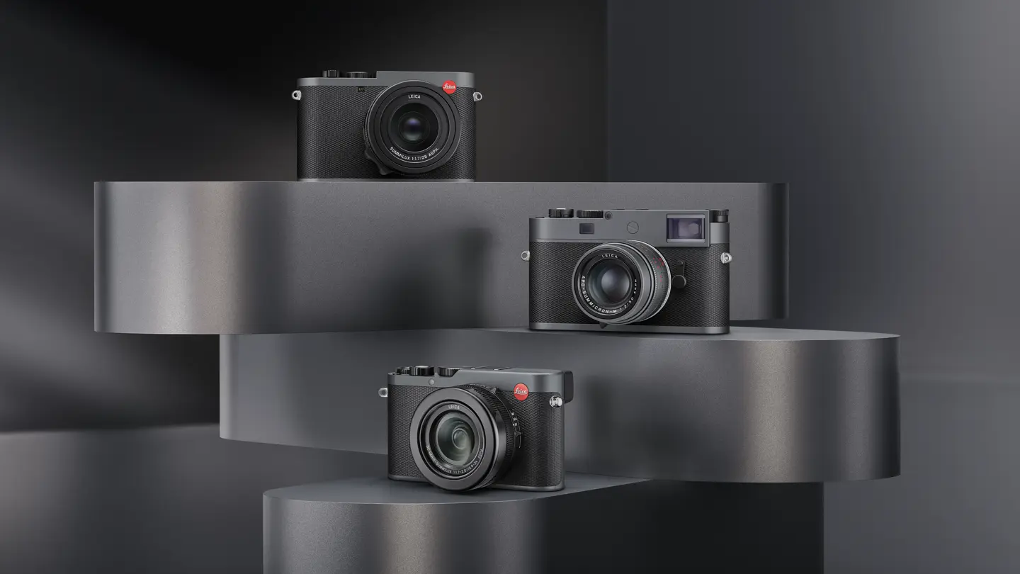 Leica Metal Gray products on a podest