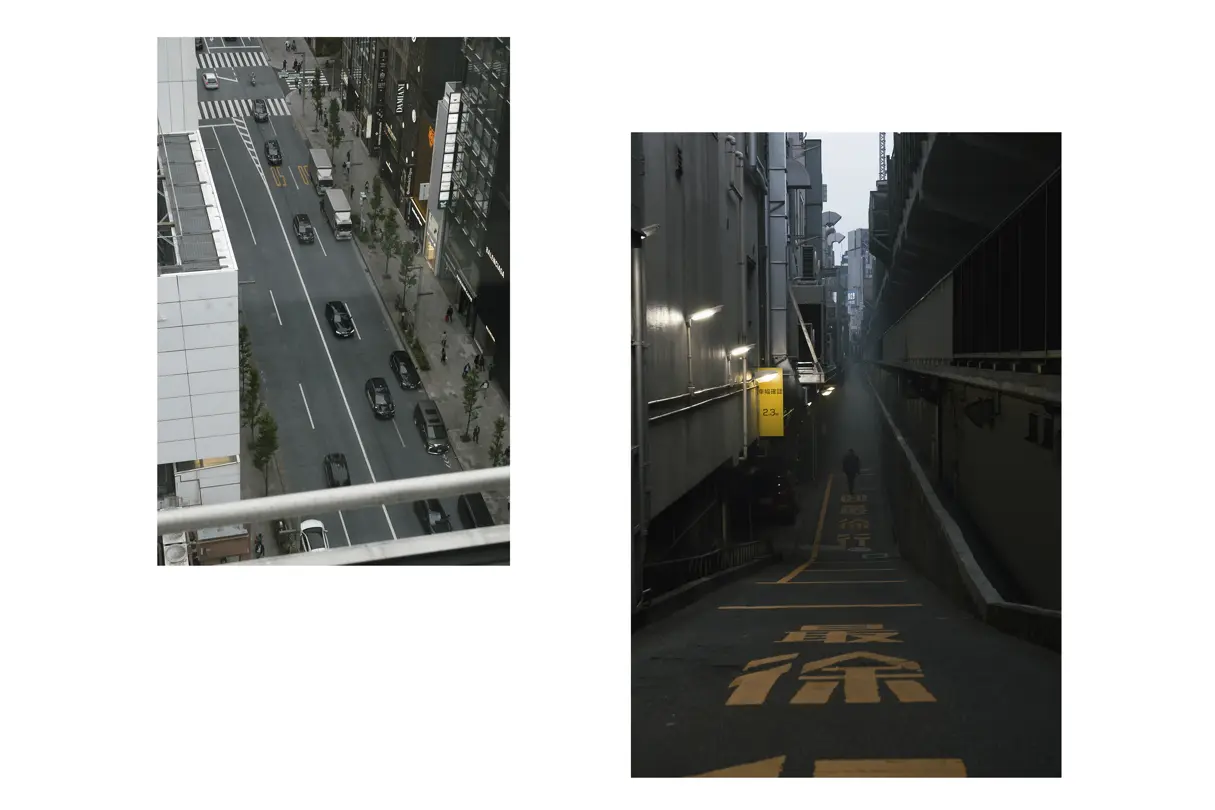 Collage of two images of streets in a big city with cars and people