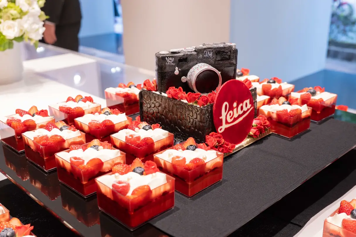 At the Leica Ginza 20th Anniversary Photo Exhibition Opening, catering display with desserts and themed centerpiece