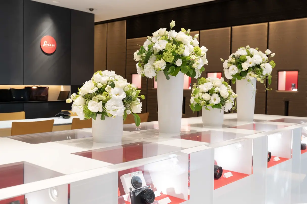 At the Leica Ginza 20th Anniversary Photo Exhibition Opening, floral display in the gallery space