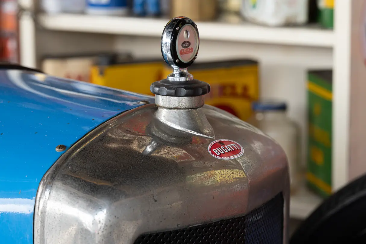 Close-up of the Messko thermometer on an old Bugatti