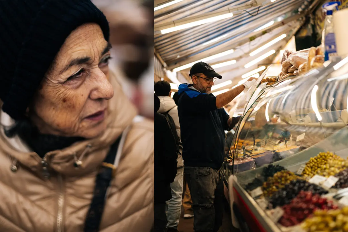Collage of a portrait of an old woman and a man at a market stand