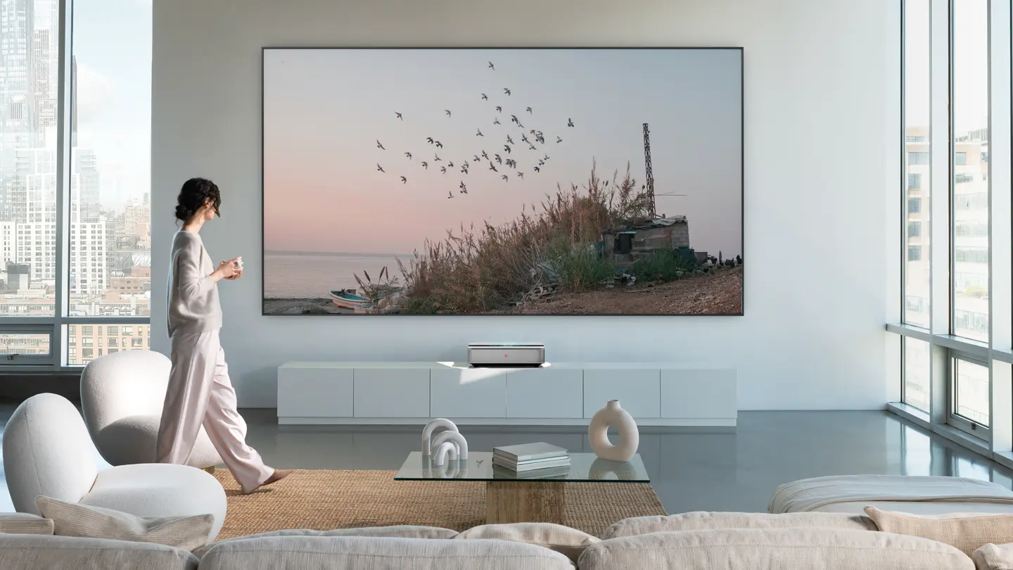 A Leica Cine 1 in a living room showing dunes on a Leica Screen.