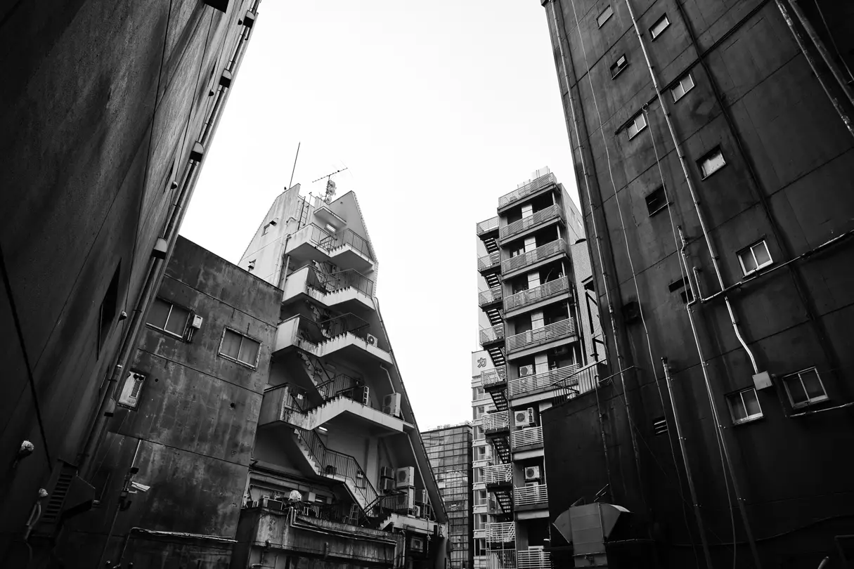 Urban residential buildings rise above a narrow Tokyo alley, highlighting the city’s architectural character in black and white.