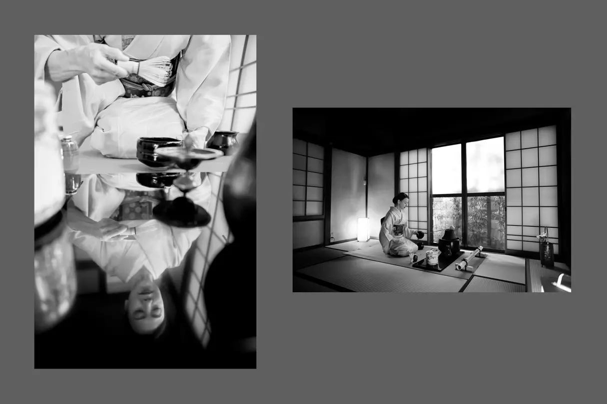 Traditional Japanese tea ceremony in a tatami room featuring a kimono-clad host and elegant reflections.