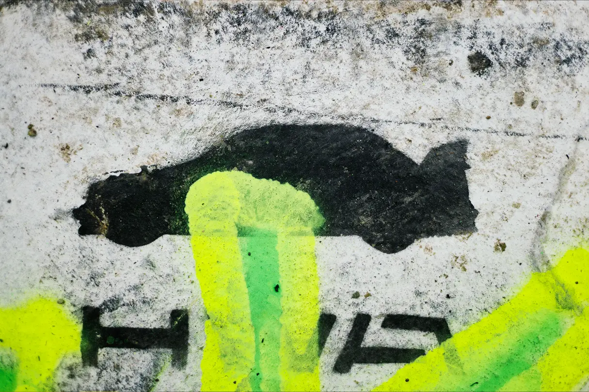 Abstract racing circuit markings and fluorescent paint details, highlighting texture and graphic composition in motorsport photography.