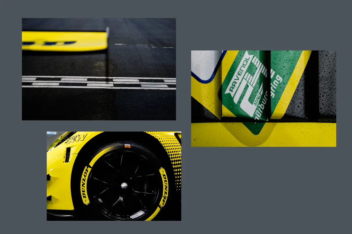 Abstract motorsport details featuring track markings, racing livery, and performance-focused design elements.