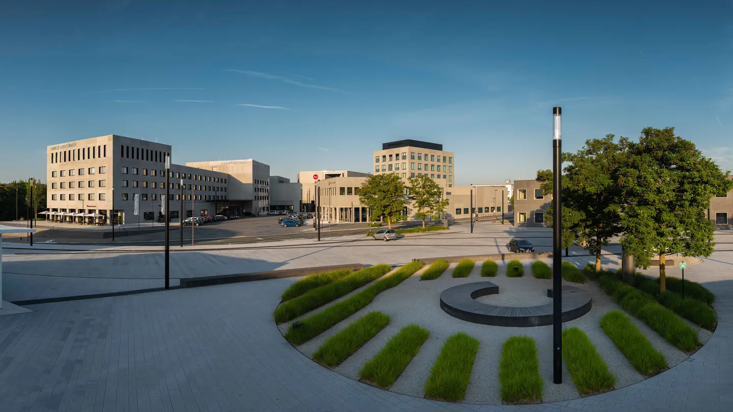 Leitz-Park with landscaped plaza and contemporary architecture.