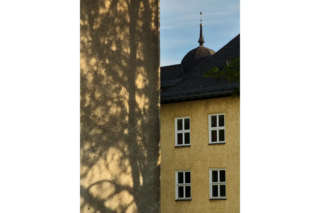 Sunlit building façade with tree shadows and architectural details, highlighting light, texture, and urban geometry.