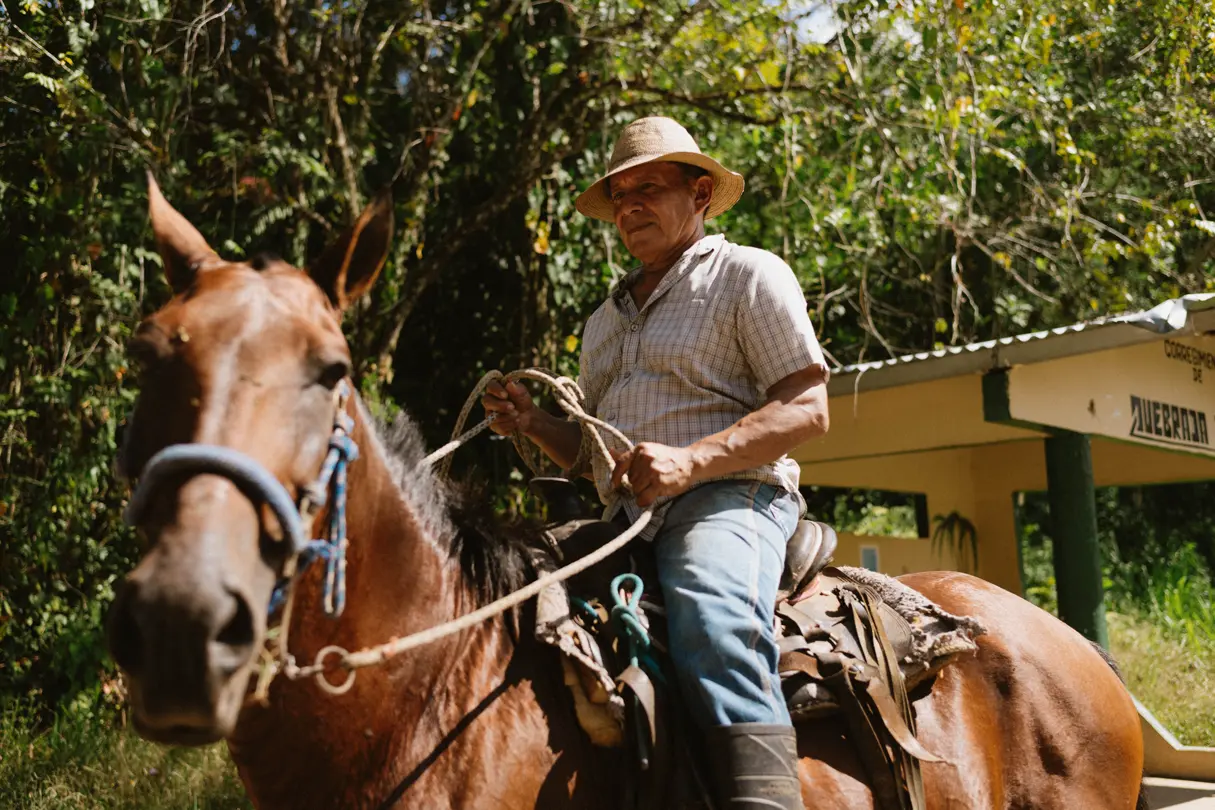 Mann mit Hut reitet auf Pferd